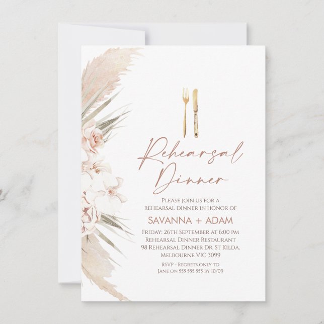 Invitation Boho Floral Pampas Cutlery Grass Dîner de répétiti (Devant)