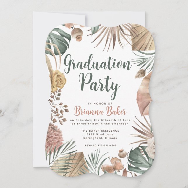 Invitation Boho Floral Pampas Graduation Party (Devant)