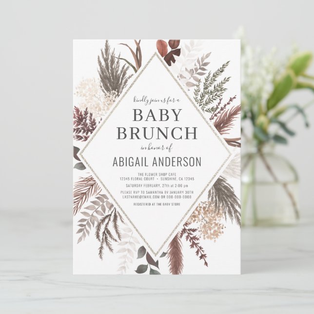 Invitation Boho Floral Pampas Grass Bébé Brunch Douche  (Debout devant)