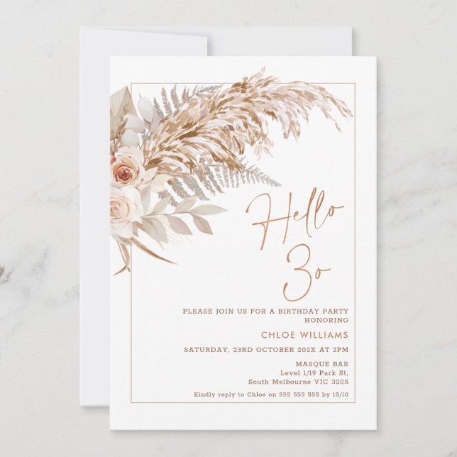 Invitation Boho Floral Pampas Grass Bonjour 30 Anniversaire (Devant)