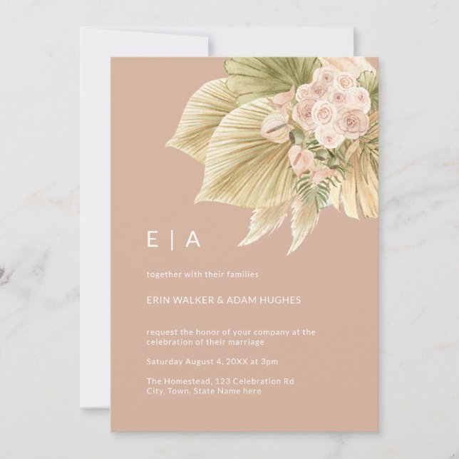 Invitation Boho Floral Pampas Grass Palm Blush Mariage rose (Devant)