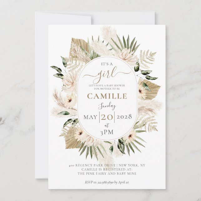 Invitation Boho Floral Pampas Grass Palmetto Baby shower (Devant)