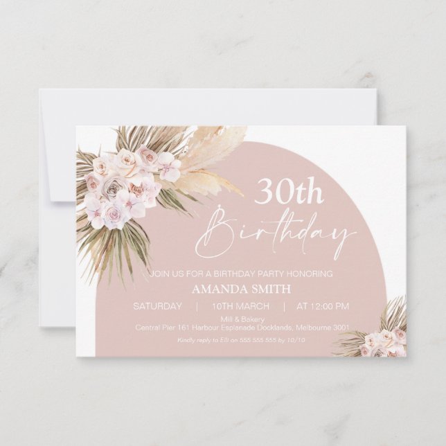 Invitation Boho Floral Pampas Palm Roses 30e anniversaire (Devant)