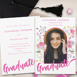 Invitation Boho Floral Photo Arch Pink Script Graduation Part