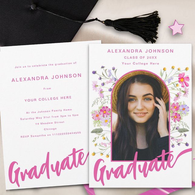 Invitation Boho Floral Photo Arch Pink Script Graduation Part (Boho chic wildflower graduate photo arch modern pink script graduation party invitation )