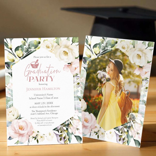 Invitation Boho Floral Photo Pharmacy School Graduation Party (Créateur téléchargé)