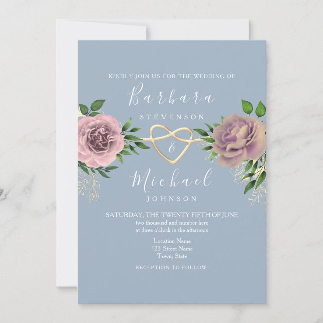 Invitation Boho floral rose et Mariage bleu poussiéreux (Devant)