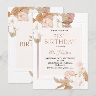 Invitation Boho Floral Rose Gold 21ème anniversaire Invitatio