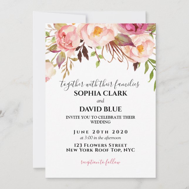 Invitation Boho Floral rose Russe Rose moderne Mariage (Devant)