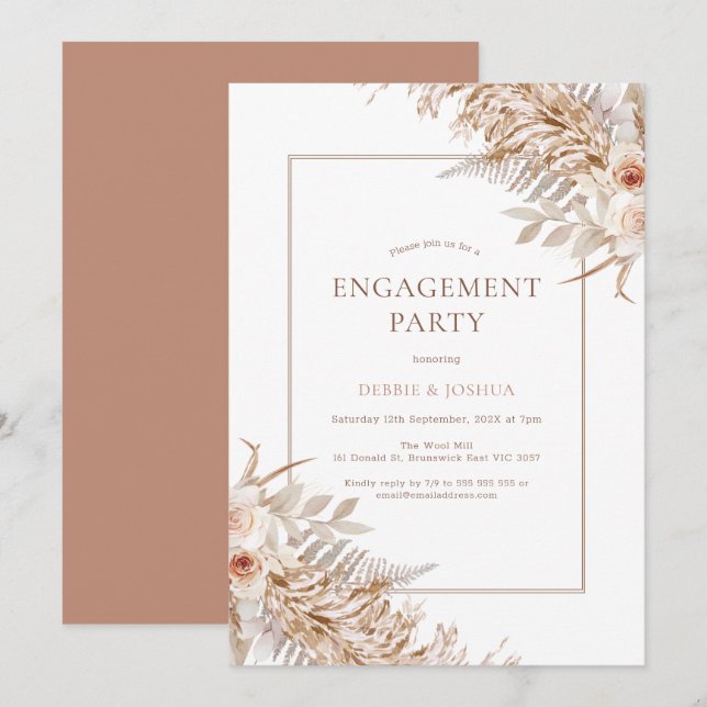 Invitation Boho Floral Roses Pampas Fiançailles en herbe (Devant / Derrière)