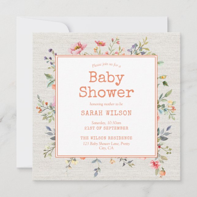 Invitation Boho Floral Rustic Botanique Baby shower Carré (Devant)