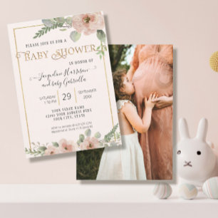 Invitation BOHO Floral Script Gold Girl Baby shower photo Inv