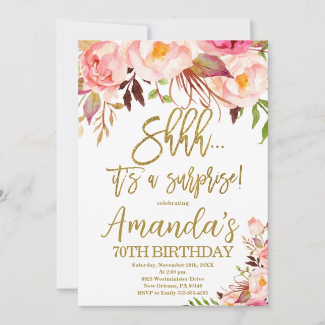Invitation Boho Floral, Shhh c'est un anniversaire surprenant (Devant)