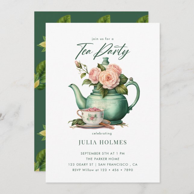 Invitation Boho Floral Spring | Teacup Tea Party (Devant / Derrière)