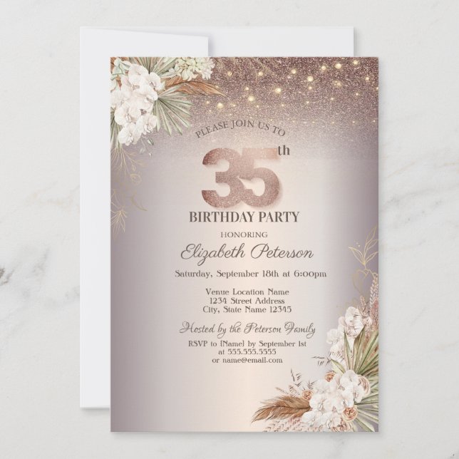 Invitation Boho Floral, String Lights Parties scintillant 35e (Devant)