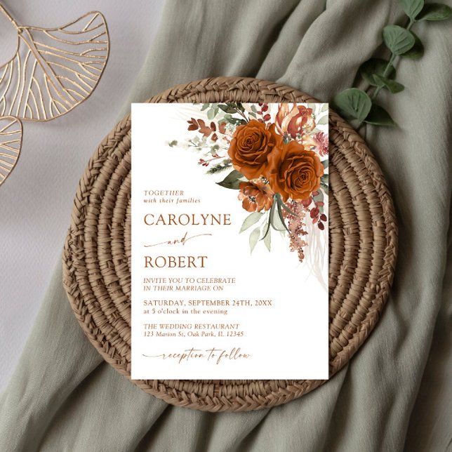 Invitation Boho Floral Terracotta brûlé Mariage orange (Créateur téléchargé)