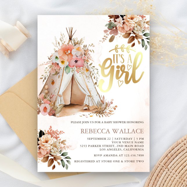 Invitation Boho Floral Tribal Teepee Girl Baby shower (Créateur téléchargé)