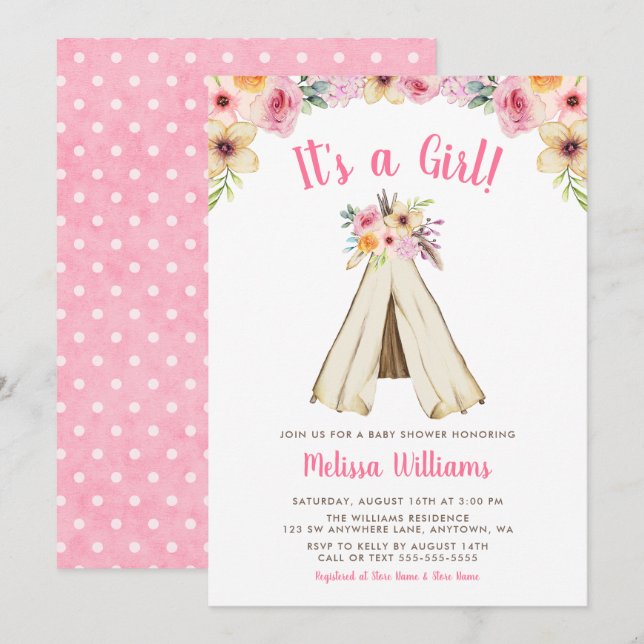 Invitation Boho Floral Tribal Teepee Girl Baby shower Invitat (Devant / Derrière)