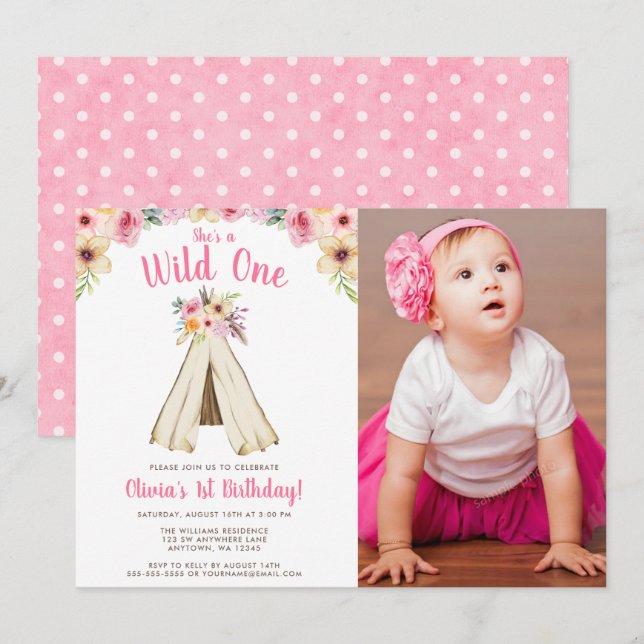 Invitation Boho Floral Tribal Teepee Wild One Bird Photo (Devant / Derrière)