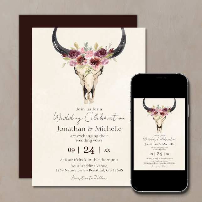 Invitation Boho Floral Vache Crâne Bourgogne et Mariage de cr (Créateur téléchargé)