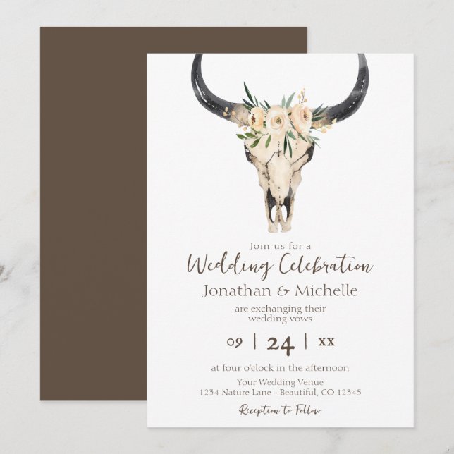 Invitation Boho Floral Vache Crâne Brown et blanc Mariage (Devant / Derrière)
