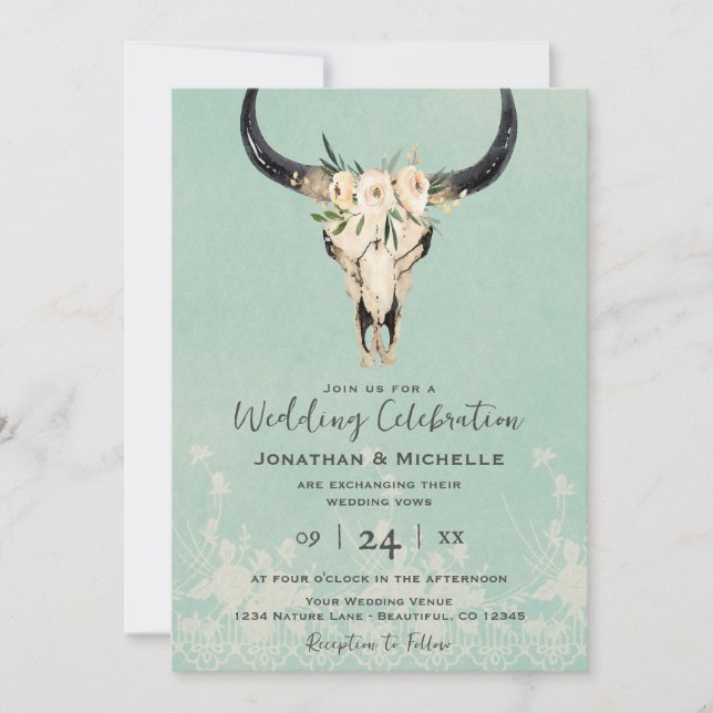 Invitation Boho Floral Vache crâne sur Mariage Turquoise (Devant)