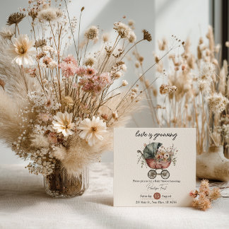 Invitation Boho Floral Vintage Baby Carriage Baby Shower Invi
