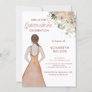 Invitation Boho Floral watercolor fille en robe Quinceañera
