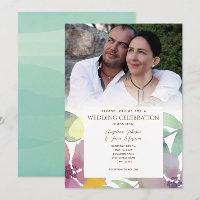 Invitation Boho Floral Watercolor Mariage photo (Devant / Derrière)