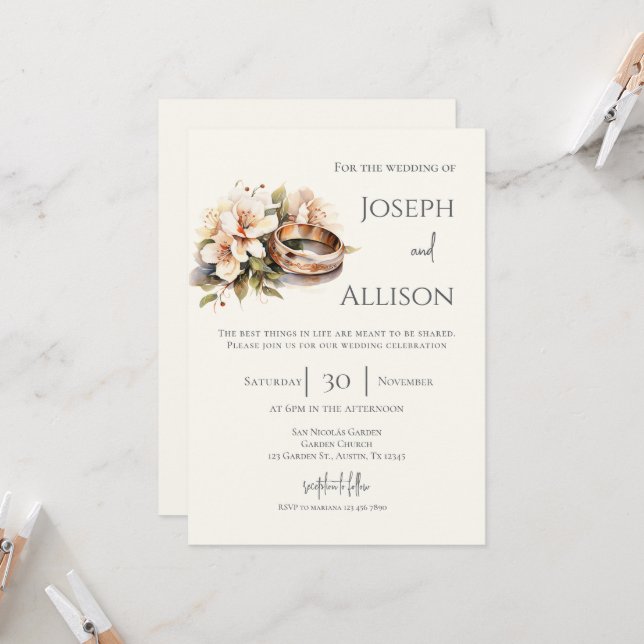 Invitation Boho floral wedding with rings (Devant/Arrière en situation)