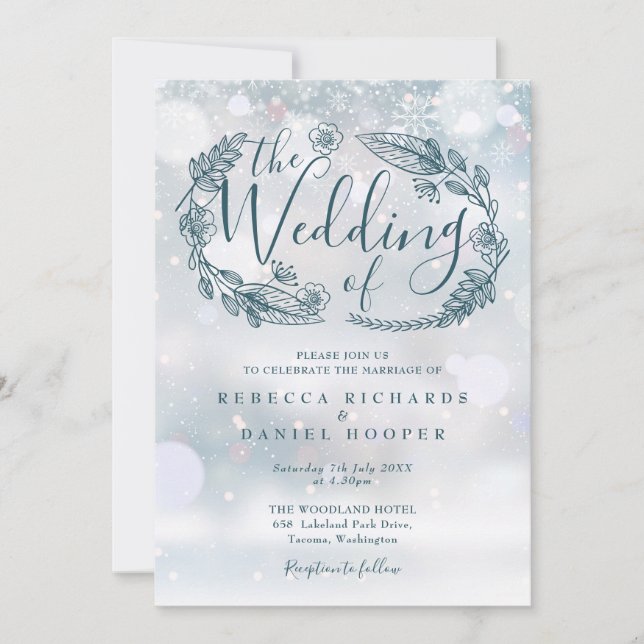 Invitation Boho Floral Winter Snowflakes Mariage (Devant)