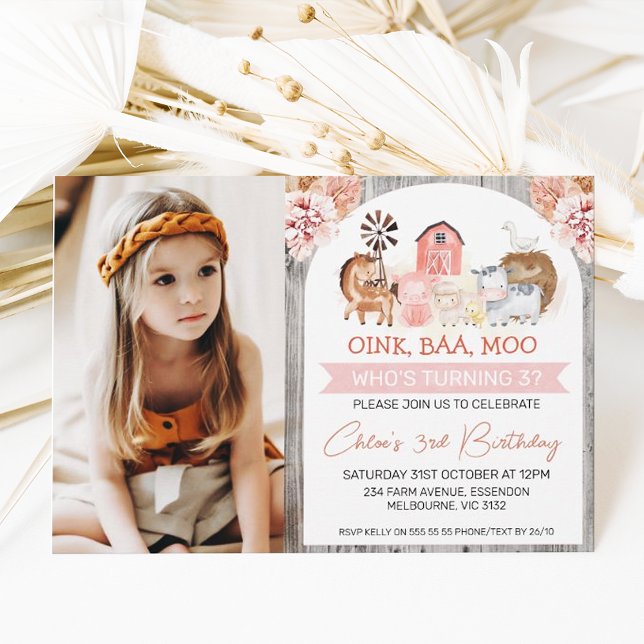 Invitation Boho Floral Wood Farm Photo Anniversaire (Créateur téléchargé)