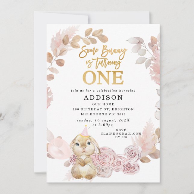 Invitation Boho Floral Wreath Un lapin 1er anniversaire (Devant)
