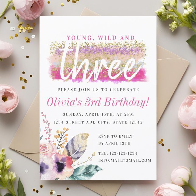 Invitation Boho Floral Young Wild and Three Girl'anniversaire (Créateur téléchargé)