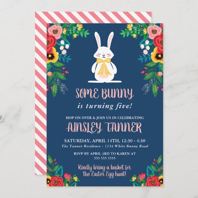 Invitation Boho Florals & Bunny | Anniversaire de enfant colo (Devant / Derrière)