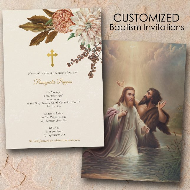 Invitation Boho Flowers Christening Christian Cross Baptism (Boho Flowers Orthodox Christian Gold Cross Baptism Invitation)