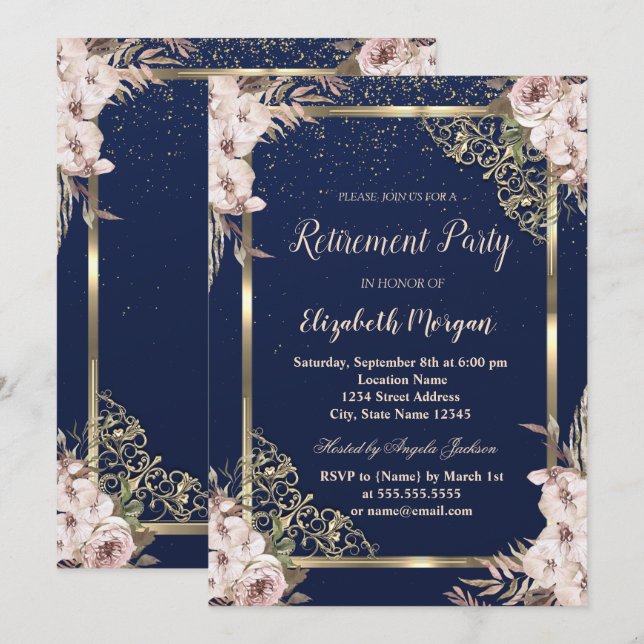 Invitation Boho Flowers Gold Frame Marine Blue Retraite (Devant / Derrière)