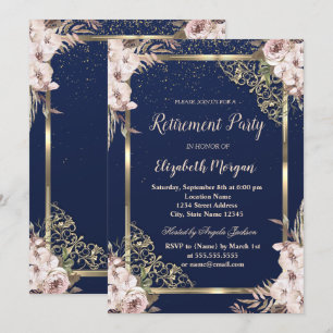 Invitation Boho Flowers Gold Frame Marine Blue Retraite