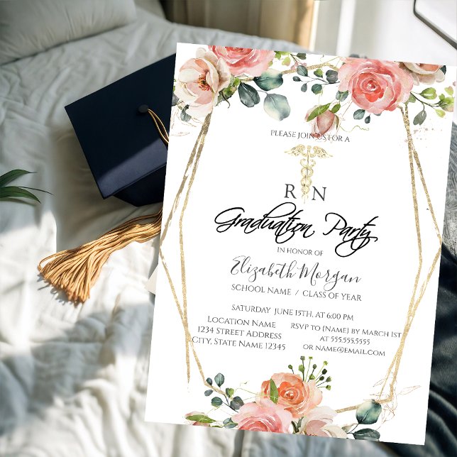 Invitation Boho Flowers Gold Frame RN Nurse Graduation Party (Créateur téléchargé)