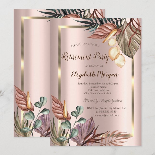 Invitation Boho Flowers Gold Frame, Rose Gold Retirement (Devant / Derrière)