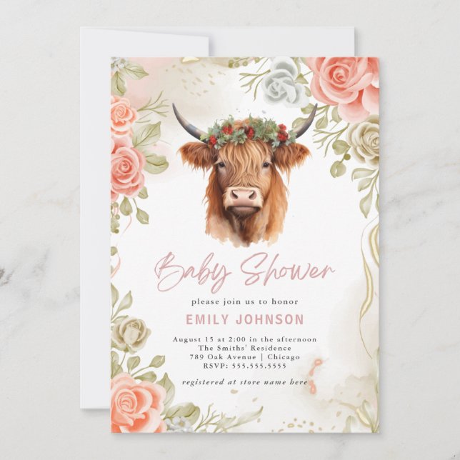 Invitation Boho Flowers Highland Cow Baby shower (Devant)