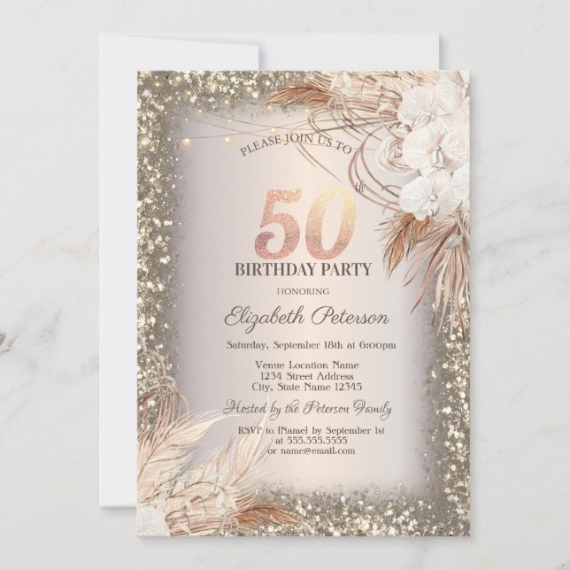 Invitation Boho Flowers, Lumières Parties scintillant cadre 5 (Devant)
