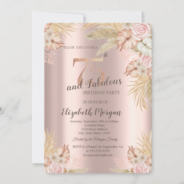 Invitation Boho Flowers, Pampas Grass Rose Gold 75e anniversa (Devant)