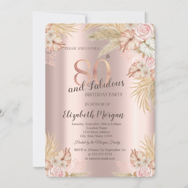 Invitation Boho Flowers, Pampas Grass Rose Gold 80e anniversa (Devant)