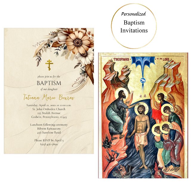 Invitation Boho Flowers Pampas Orthodox Christian Baptism  (Créateur téléchargé)