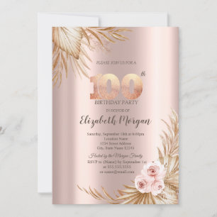 Invitation Boho Flowers Pampas Rose Gold 100e anniversaire
