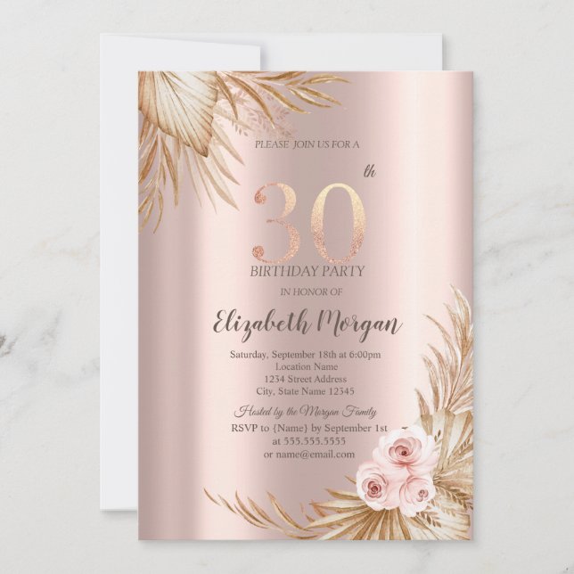 Invitation Boho Flowers Pampas Rose Gold 30e anniversaire (Devant)