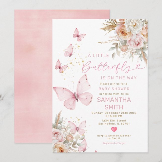 Invitation Boho Flowers Papillon sur le chemin Baby shower (Devant / Derrière)