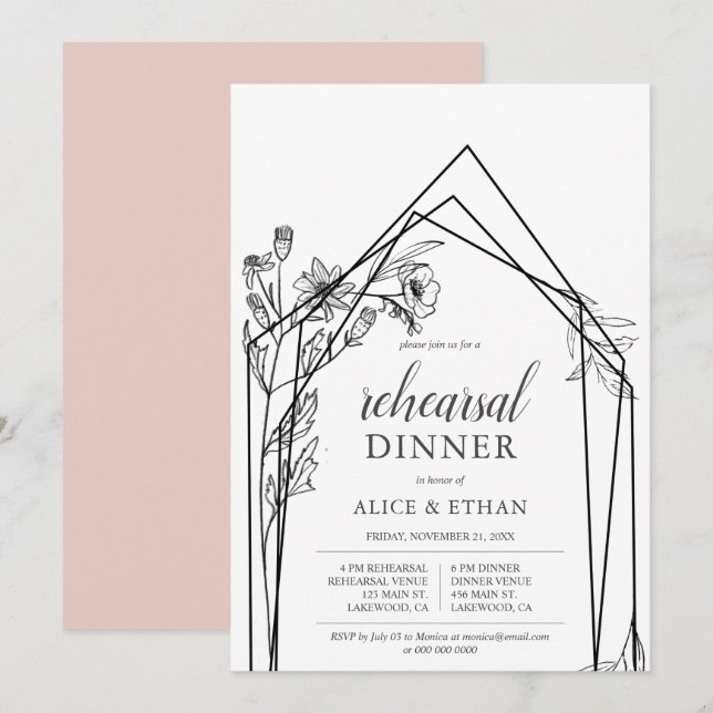 Invitation Boho Flowers Répétition géométrique Diner (Devant / Derrière)