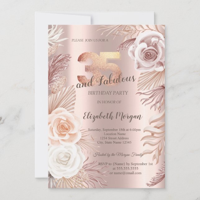 Invitation Boho Flowers Rose Gold 35th Birthday Party (Devant)
